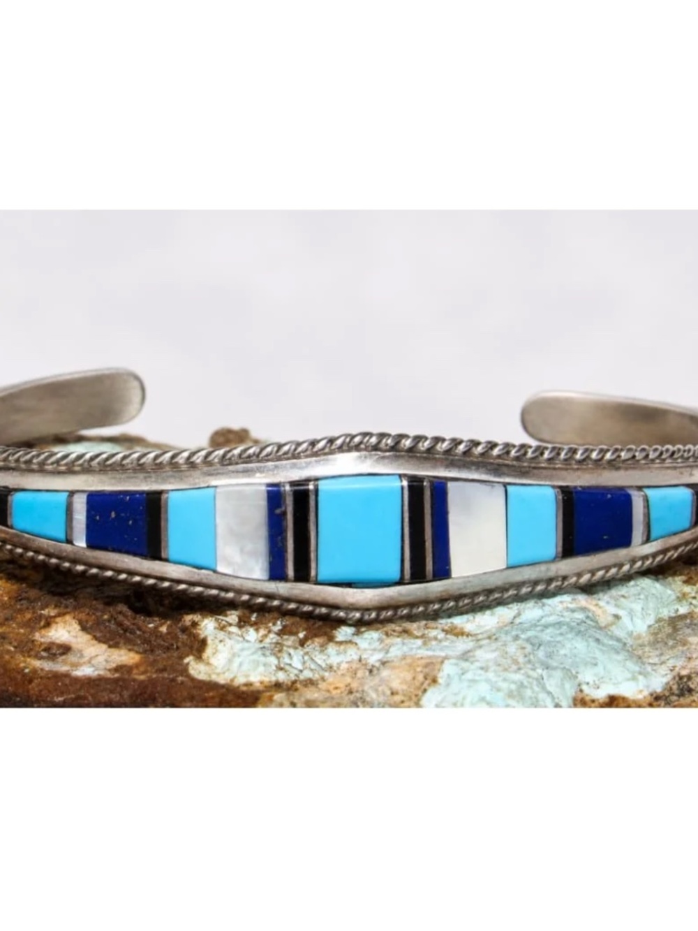 Vintage Zuni Inlay Turquosie Lapis MOP Bracelet Sterling Native American D. Pant